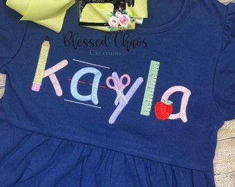 Girls Back to School Name Dress, Back to School Dress, First Day Outfit, Personalized School Dress, Girls School Outfit, School Supply Dress