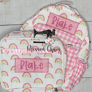 Sac à dos et boîte à lunch personnalisés pour enfants, cartable à monogramme, sac à dos pour fille avec boîte à lunch assortie, sac à dos arc-en-ciel