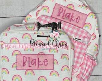 Kids Personalized Backpack and Lunchbox, Monogrammed Bookbag, Girls Full Size Backpack with Matching Lunchbox, Rainbow Backpack