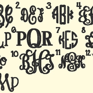 Puede incluir: Una hoja de papel con 13 dise&ntilde;os de monogramas diferentes en tinta negra. Cada dise&ntilde;o est&aacute; numerado del 1 al 13. Los dise&ntilde;os son una mezcla de letras de escritura y letras de bloque.