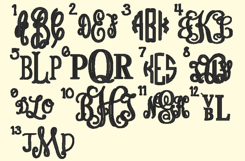 Puede incluir: Una hoja de papel con 13 dise&ntilde;os de monogramas diferentes en tinta negra. Cada dise&ntilde;o est&aacute; numerado del 1 al 13. Los dise&ntilde;os son una mezcla de letras de escritura y letras de bloque.