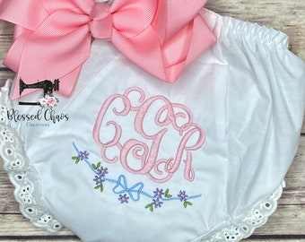 Baby Girl Monogrammed Bloomers, Floral Monogram Bloomers, Monogrammed Diaper Cover, Embroidered Bloomers, Nappy Cover, Monogrammed Baby Gift