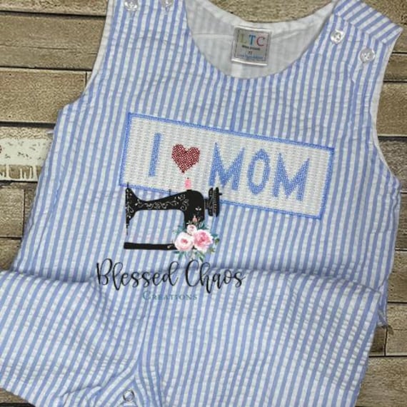 I Love Mom Seersucker Jon Jon, Boys Mother's Day Outfit, I Love Mom Outfit, Boys Bubble, Seersucker Overalls