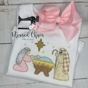 Personalized Nativity Appliqué Shirt, Religious Christmas Shirt, Nativity Scene Shirt, Christmas Outfit, Ruffle Leggings