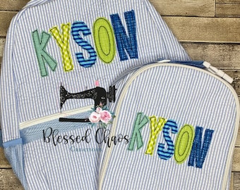 Kids Personalized Applique backpack, Fabric Name Backpack, Daycare Bookbag, Personalized Booksack, Boys Seersucker Bookbag, School Bag