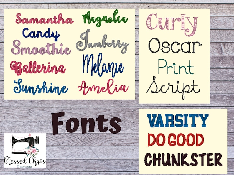 Peut inclure: Une collection de diff&eacute;rentes polices d'&eacute;criture affich&eacute;es sur un fond en bois. Les polices incluent Samantha, Magnolia, Curly, Candy, Smoothie, Jamberry, Oscar, Ballerina, Melanie, Print, Sunshine, Amelia, Script, Varsity, Do Good et Chunkster.