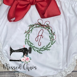 Baby Girl Monogrammed Christmas Bloomers, Christmas Baby Bloomers, Monogrammed Diaper Cover, Embroidered Bloomers, Wreath Bloomers