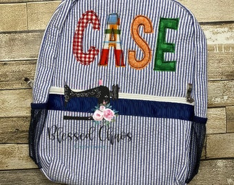 Kids Personalized Applique backpack, Fabric Name Backpack, Daycare Bookbag, Personalized Booksack, Boys Seersucker Bookbag, School Bag