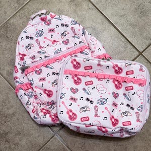 Kids Personalized Pop Star Print Backpack and Lunchbox, Monogrammed Bookbag, Girls Full Size Backpack with Matching Lunchbox