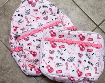 Kids Personalized Pop Star Print Backpack and Lunchbox, Monogrammed Bookbag, Girls Full Size Backpack with Matching Lunchbox