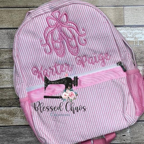 Girls Personalized Ballet Dance Backpack, Ballet Bag, Kids Overnight Bag, Seersucker Backpack, Personalized Dance Bag, Seersucker Bookbag