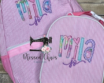 Kids Personalized Applique backpack, Fabric Name Backpack, Daycare Bookbag, Personalized Booksack, Seersucker Bookbag