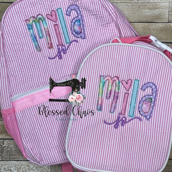 Kids Personalized Applique backpack, Fabric Name Backpack, Daycare Bookbag, Personalized Booksack, Seersucker Bookbag