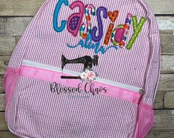Kids Personalized Applique backpack, Fabric Name Backpack, Daycare Bookbag, Personalized Booksack, Seersucker Bookbag