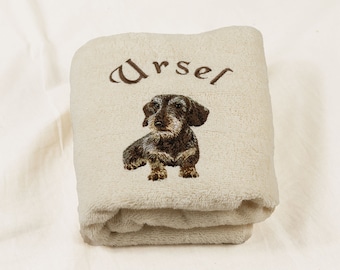 Handtuch oder Duschtuch bestickt - Dackel mit Wunschname Rauhaardacke personalisiert Hundefreunde Hundebesitzer Geschenk  Hundehandtuch