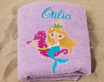 Handtuch bestickt - Meerjungfrau mit Wunschname personalisiert Kinderhandtuch Seepferd Seepferdchen Handtuch für Kinder Babyhandtuch