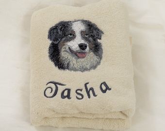 Handtuch bestickt - Australian Shepherd mit Wunschname personalisiert Geschenk für Hundebesitzer Hundefreunde Hundeliebhaber Hundehandtuch