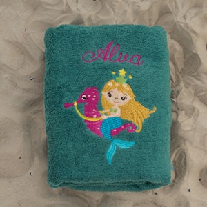 Handtuch bestickt Meerjungfrau mit Wunschname personalisiert Kinderhandtuch Seepferd Seepferdchen Handtuch für Kinder Babyhandtuch türkis