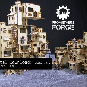 May include: Two wooden model buildings with intricate details, including windows, balconies, and ladders. The buildings are made of light brown wood and are set against a black background. The text "PROMETHIUM FORGE" is visible in the upper right corner of the image. The text "Digital Download: .SVG, .AI, .DXF, .EPS, .PDF" is visible at the bottom of the image.