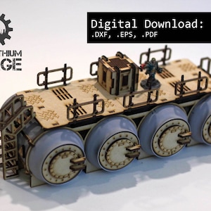 May include: A wooden model of a large industrial vehicle with four large tanks and a platform on top. The model is painted in shades of brown and grey. The model is labelled "PROMETHEUM FORGE" and "Digital Download: .SVG, .AI, .DXF, .EPS, .PDF".