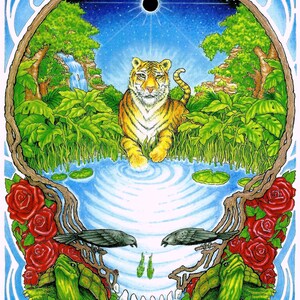 May include: A colorful psychedelic art print featuring a tiger, a skull, and a lightning bolt. The print has a blue, green, and red color scheme and includes the text "1965 2015".