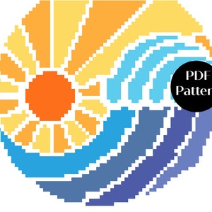 May include: A pixel art cross stitch pattern featuring a sun and waves in shades of yellow, orange, blue, and purple. The pattern is available as a PDF download.