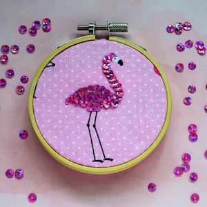 Pink Flamingo Mixed Media, Embroidery Hoop, Mixed Media Art