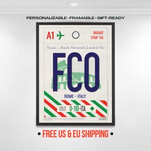 Plakat z etykietą bagażową z kodem lotniska FCO w Rzymie, sztuka podróżnicza po Włoszech
