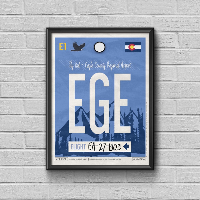 Eagle Airport Tag, Colorado Travel Poster, USA Vintage Luggage Tag, Framed Print, EGE Airport Code, Eagle County Poster, Colorado Souvenir image 1