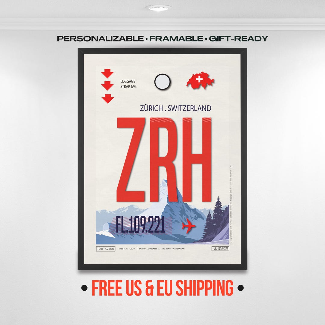 Vintage Zurich ZRH Airport Tag Poster, Switzerland Souvenir - Etsy