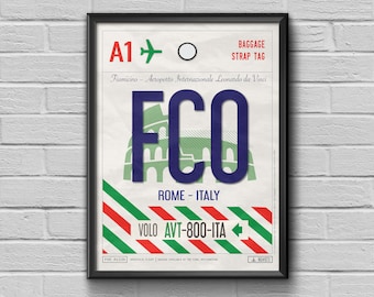 Rome Luggage Tag Print, Italy Framed Art Travel Decor, FCO Airport Code, Rome Art Print, Gift for Travellers, Rome Souvenir Italian Souvenir