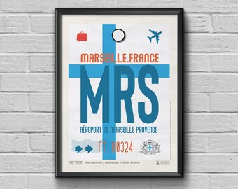 Póster turístico vintage de Marsella, Francia, con el código del aeropuerto MRS.