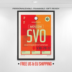 Moscow Airport Tag: Soviet Era Style - Russia Travel Art, SVO Code, Personizable Souvenir Gift
