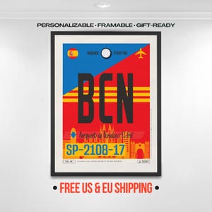 Etykieta na lotnisko w Barcelonie, Hiszpania, kod BCN: Plakat z etykietą na bagaż w stylu retro – personalizowana, gotowa na prezent pamiątka artystyczna