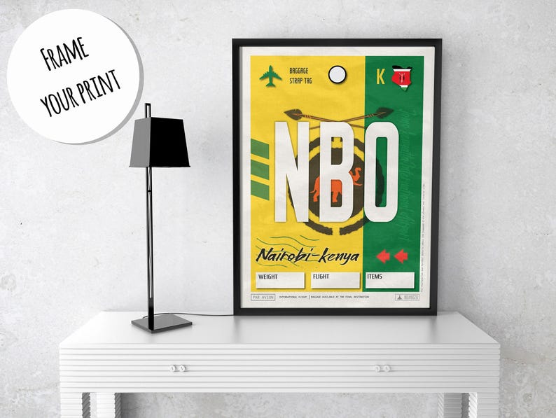 Plakat z etykietą lotniska w Nairobi, sztuka podróżnicza z Kenii w stylu vintage zdjęcie 2