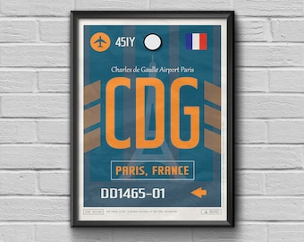 Paris Airport Tag, France Travel Poster, CDG Airport Code, Charles de Gaulle Framed Poster, CDG Luggage Tag, Paris Souvenir, France Souvenir