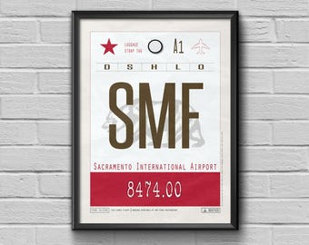 Etiqueta del aeropuerto de Sacramento SMF - Póster de viaje de California, recuerdo personalizable - Etiqueta de equipaje lista para regalar