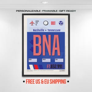Nashville-bagagelabel BNA Airport Code - gepersonaliseerde reisposter, Tennessee Souvenir - cadeauklaar, muurdecoratie