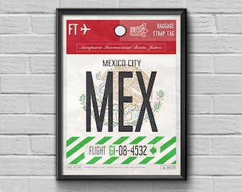 Póster turístico de la Ciudad de México, arte vintage en etiquetas de equipaje, Aeropuerto Internacional de México (MEX)