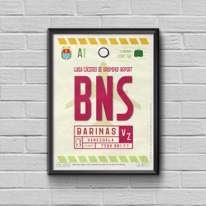 Barinas Airport Tag, Venezuela Travel Poster, BNS Airport Code, Barinas Souvenir, Barinas Framed Print, BNS Luggage Tag, Venezuela Souvenir