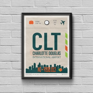 Charlotte Airport Tag, North Carolina Travel Poster, CLT Luggage Tag, Charlotte Souvenir Framed Print, CLT Airport Code, Charlotte Cityscape