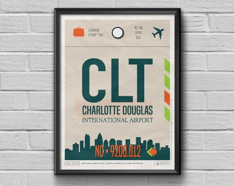 Charlotte Airport Tag, North Carolina Travel Poster, CLT Luggage Tag, Charlotte Souvenir Framed Print, CLT Airport Code, Charlotte Cityscape