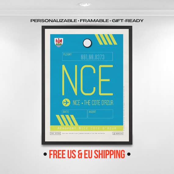 Nice France Travel Poster, Vintage NCE Airport Tag Print