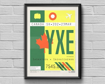 Póster de viaje de Canadá con etiqueta del aeropuerto de Saskatoon - Etiqueta de equipaje YXE de recuerdo - Personalizada, lista para regalar, para exhibir en la pared