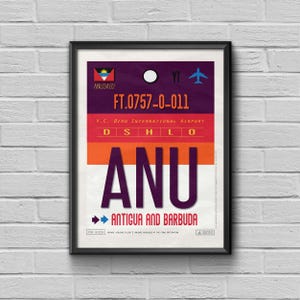Antigua and Barbuda Travel Poster, Vintage ANU Airport Tag Art