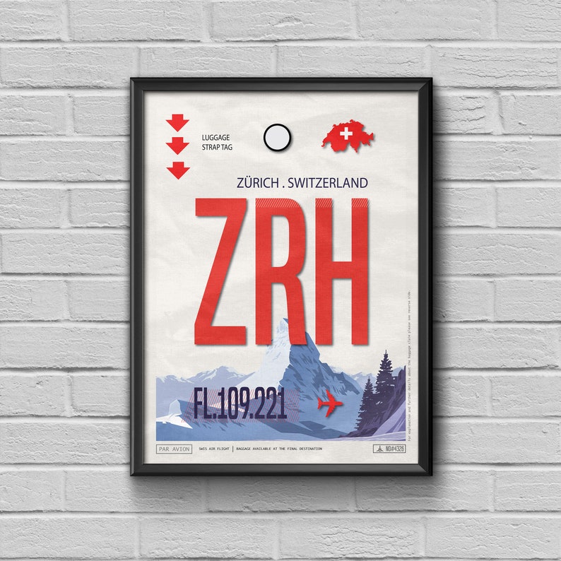 Zurich Airport Tag Switzerland Poster ZRH Airport Code Etsy