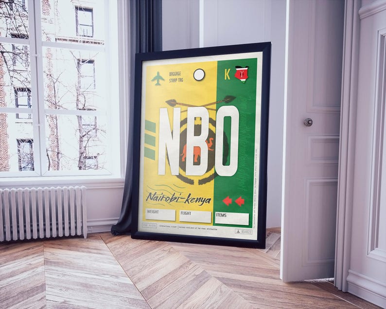 Plakat z etykietą lotniska w Nairobi, sztuka podróżnicza z Kenii w stylu vintage zdjęcie 4