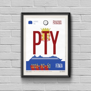 Poster con etichetta per bagaglio del Canale di Panama, codice aeroportuale PTY, stampa di viaggio