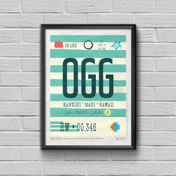 Kahului Maui Airport Tag, Hawaii Travel Poster, OGG Airport Code, Maui Framed Print, OGG Luggage Tag, Maui Souvenir, Hawaii Souvenir