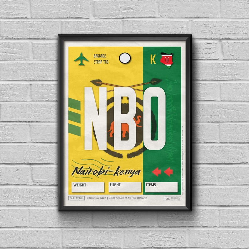 Plakat z etykietą lotniska w Nairobi, sztuka podróżnicza z Kenii w stylu vintage zdjęcie 1
